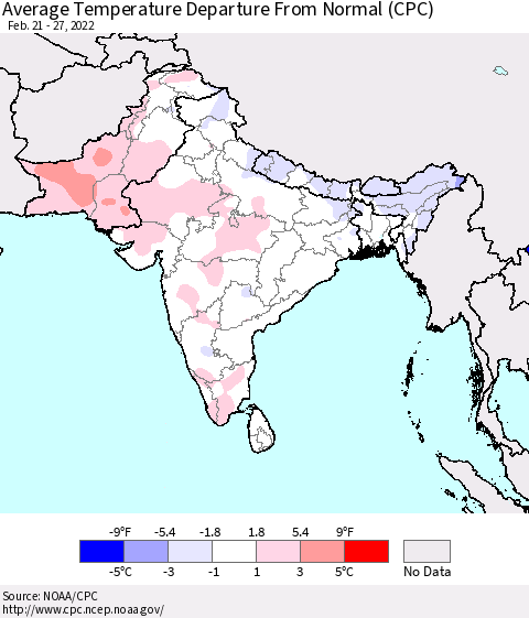 Southern Asia Average Temperature Departure from Normal (CPC) Thematic Map For 2/21/2022 - 2/27/2022
