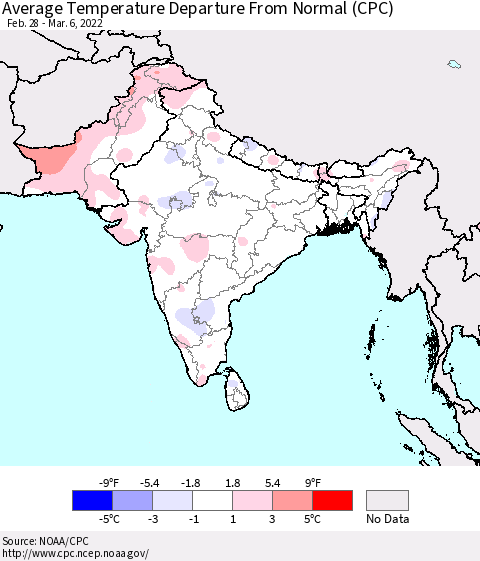 Southern Asia Average Temperature Departure from Normal (CPC) Thematic Map For 2/28/2022 - 3/6/2022