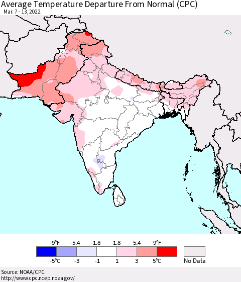Southern Asia Average Temperature Departure from Normal (CPC) Thematic Map For 3/7/2022 - 3/13/2022
