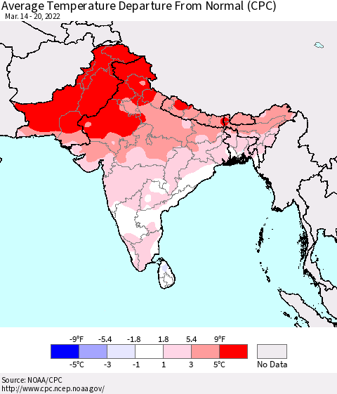 Southern Asia Average Temperature Departure from Normal (CPC) Thematic Map For 3/14/2022 - 3/20/2022