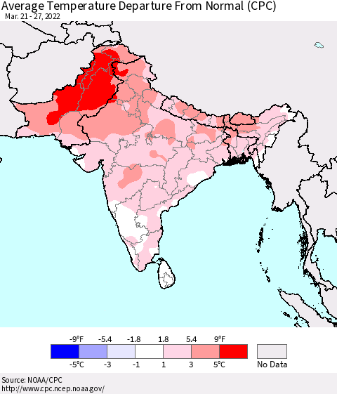 Southern Asia Average Temperature Departure from Normal (CPC) Thematic Map For 3/21/2022 - 3/27/2022