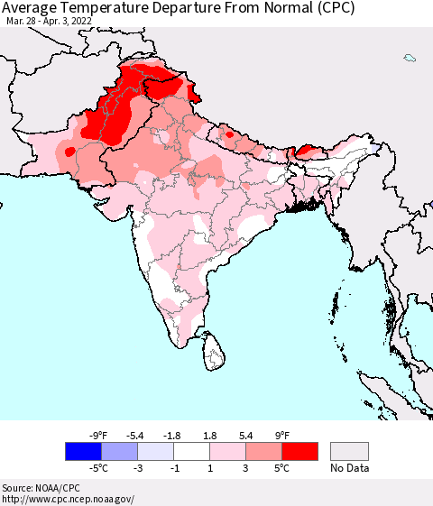 Southern Asia Average Temperature Departure from Normal (CPC) Thematic Map For 3/28/2022 - 4/3/2022