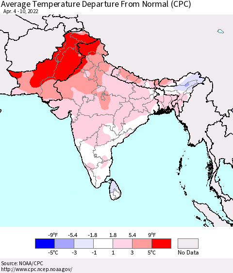 Southern Asia Average Temperature Departure from Normal (CPC) Thematic Map For 4/4/2022 - 4/10/2022