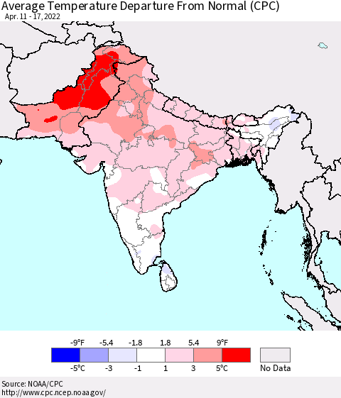 Southern Asia Average Temperature Departure from Normal (CPC) Thematic Map For 4/11/2022 - 4/17/2022