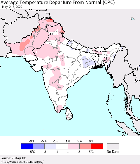 Southern Asia Average Temperature Departure from Normal (CPC) Thematic Map For 5/2/2022 - 5/8/2022