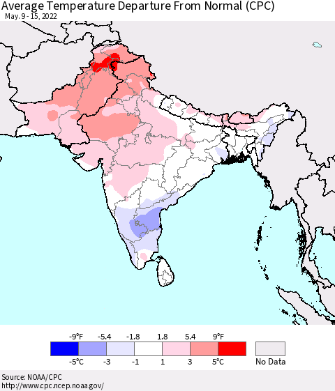 Southern Asia Average Temperature Departure from Normal (CPC) Thematic Map For 5/9/2022 - 5/15/2022