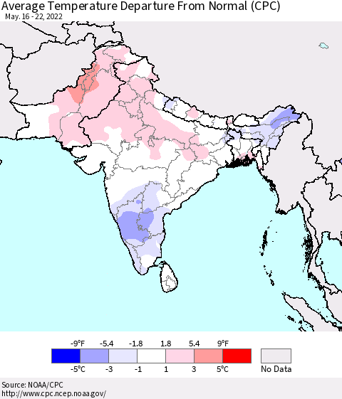 Southern Asia Average Temperature Departure from Normal (CPC) Thematic Map For 5/16/2022 - 5/22/2022