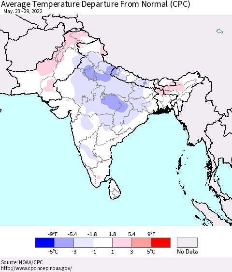 Southern Asia Average Temperature Departure from Normal (CPC) Thematic Map For 5/23/2022 - 5/29/2022