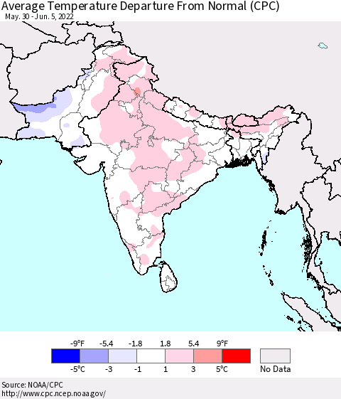 Southern Asia Average Temperature Departure from Normal (CPC) Thematic Map For 5/30/2022 - 6/5/2022