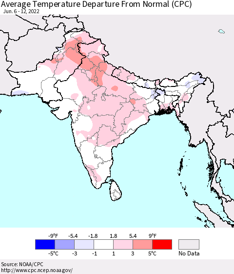Southern Asia Average Temperature Departure from Normal (CPC) Thematic Map For 6/6/2022 - 6/12/2022