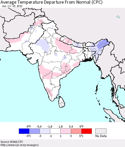 Southern Asia Average Temperature Departure from Normal (CPC) Thematic Map For 6/13/2022 - 6/19/2022