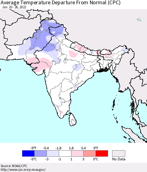 Southern Asia Average Temperature Departure from Normal (CPC) Thematic Map For 6/20/2022 - 6/26/2022