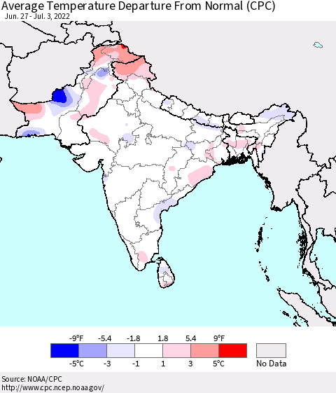 Southern Asia Average Temperature Departure from Normal (CPC) Thematic Map For 6/27/2022 - 7/3/2022