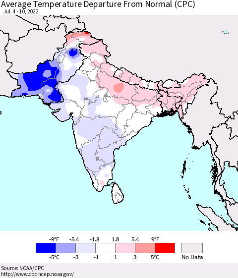 Southern Asia Average Temperature Departure from Normal (CPC) Thematic Map For 7/4/2022 - 7/10/2022