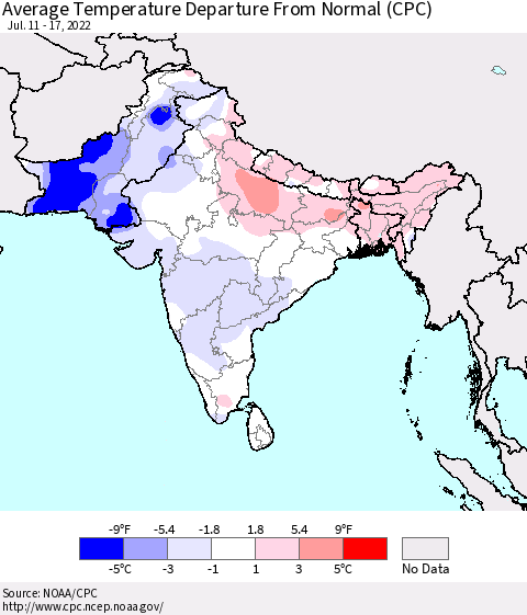 Southern Asia Average Temperature Departure from Normal (CPC) Thematic Map For 7/11/2022 - 7/17/2022