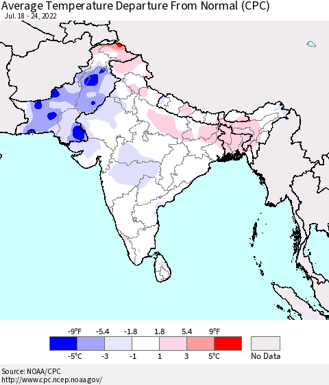 Southern Asia Average Temperature Departure from Normal (CPC) Thematic Map For 7/18/2022 - 7/24/2022