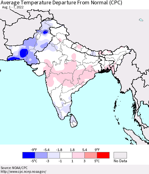 Southern Asia Average Temperature Departure from Normal (CPC) Thematic Map For 8/1/2022 - 8/7/2022