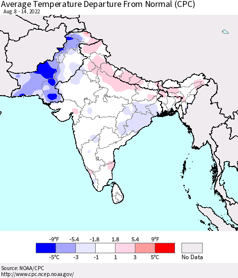 Southern Asia Average Temperature Departure from Normal (CPC) Thematic Map For 8/8/2022 - 8/14/2022