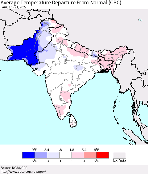 Southern Asia Average Temperature Departure from Normal (CPC) Thematic Map For 8/15/2022 - 8/21/2022