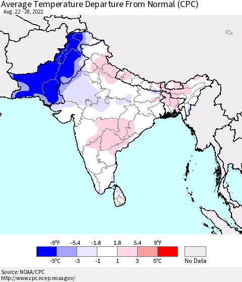 Southern Asia Average Temperature Departure from Normal (CPC) Thematic Map For 8/22/2022 - 8/28/2022
