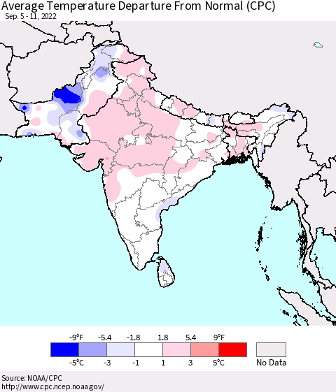 Southern Asia Average Temperature Departure from Normal (CPC) Thematic Map For 9/5/2022 - 9/11/2022