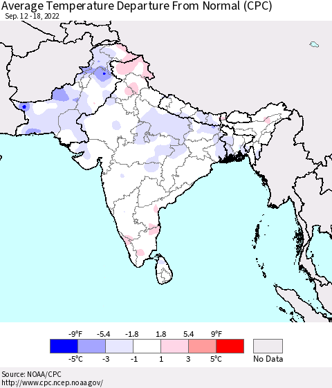 Southern Asia Average Temperature Departure from Normal (CPC) Thematic Map For 9/12/2022 - 9/18/2022