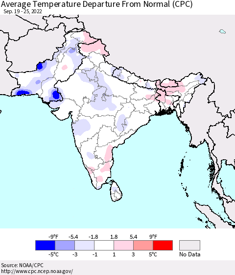 Southern Asia Average Temperature Departure from Normal (CPC) Thematic Map For 9/19/2022 - 9/25/2022