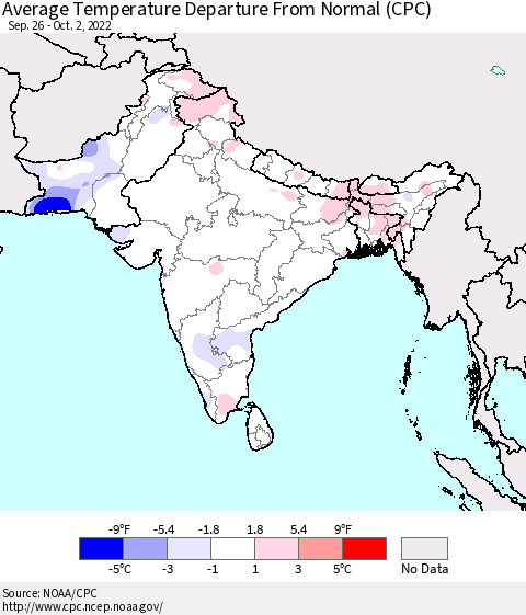 Southern Asia Average Temperature Departure from Normal (CPC) Thematic Map For 9/26/2022 - 10/2/2022