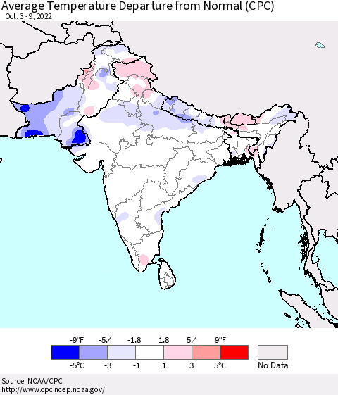 Southern Asia Average Temperature Departure from Normal (CPC) Thematic Map For 10/3/2022 - 10/9/2022