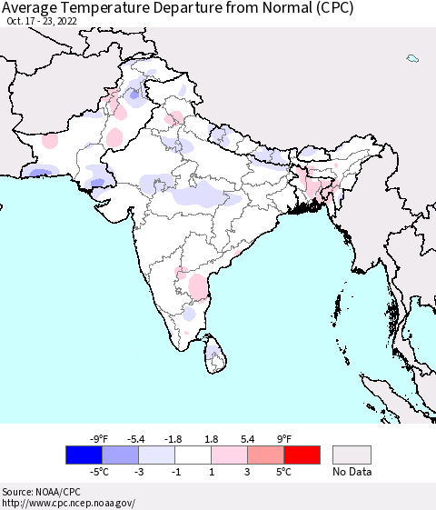 Southern Asia Average Temperature Departure from Normal (CPC) Thematic Map For 10/17/2022 - 10/23/2022