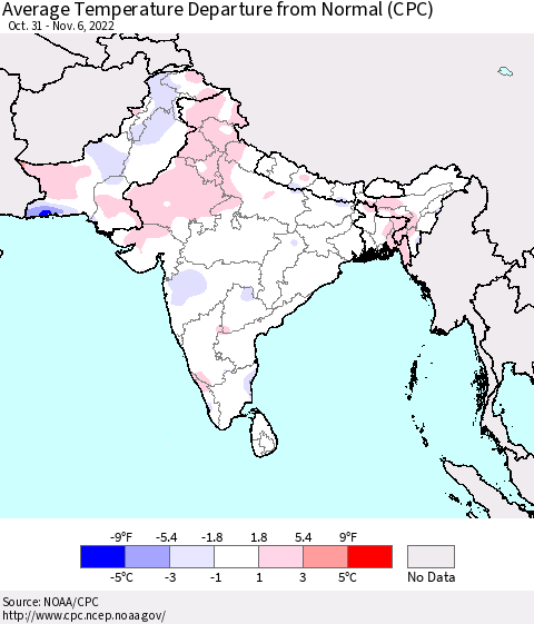 Southern Asia Average Temperature Departure from Normal (CPC) Thematic Map For 10/31/2022 - 11/6/2022