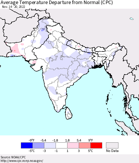Southern Asia Average Temperature Departure from Normal (CPC) Thematic Map For 11/14/2022 - 11/20/2022