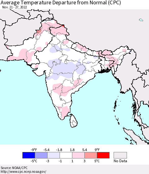 Southern Asia Average Temperature Departure from Normal (CPC) Thematic Map For 11/21/2022 - 11/27/2022