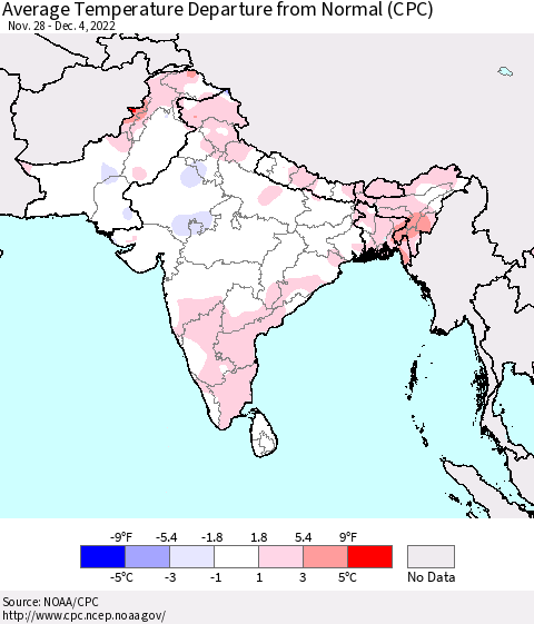 Southern Asia Average Temperature Departure from Normal (CPC) Thematic Map For 11/28/2022 - 12/4/2022