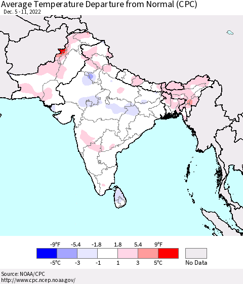 Southern Asia Average Temperature Departure from Normal (CPC) Thematic Map For 12/5/2022 - 12/11/2022