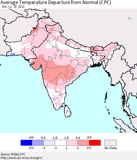Southern Asia Average Temperature Departure from Normal (CPC) Thematic Map For 12/12/2022 - 12/18/2022