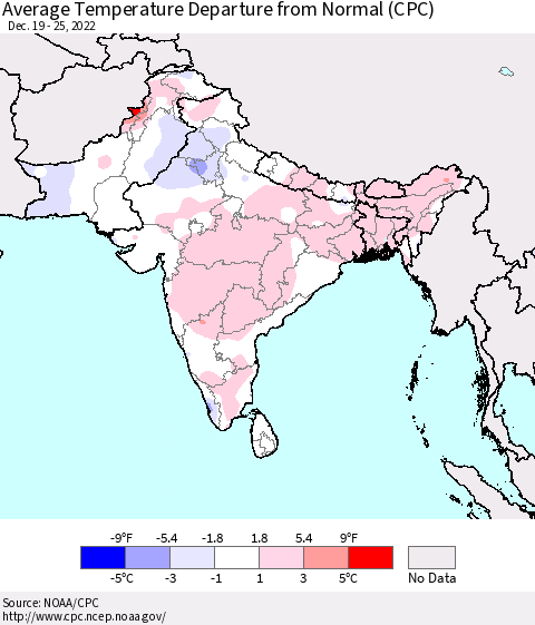 Southern Asia Average Temperature Departure from Normal (CPC) Thematic Map For 12/19/2022 - 12/25/2022