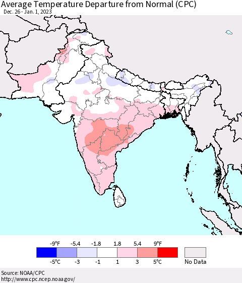 Southern Asia Average Temperature Departure from Normal (CPC) Thematic Map For 12/26/2022 - 1/1/2023