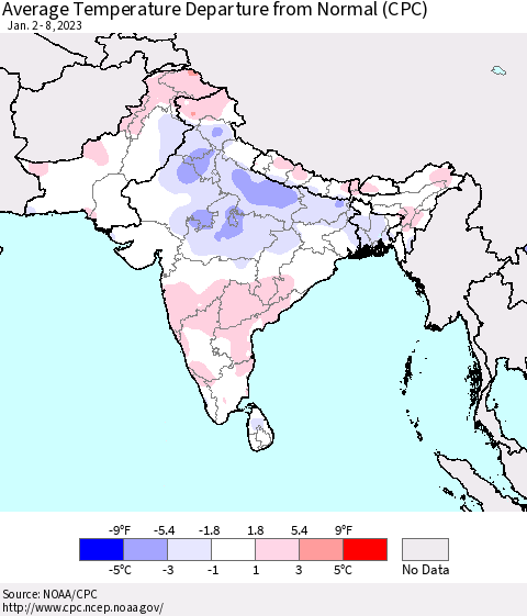 Southern Asia Average Temperature Departure from Normal (CPC) Thematic Map For 1/2/2023 - 1/8/2023