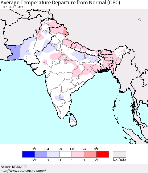 Southern Asia Average Temperature Departure from Normal (CPC) Thematic Map For 1/9/2023 - 1/15/2023