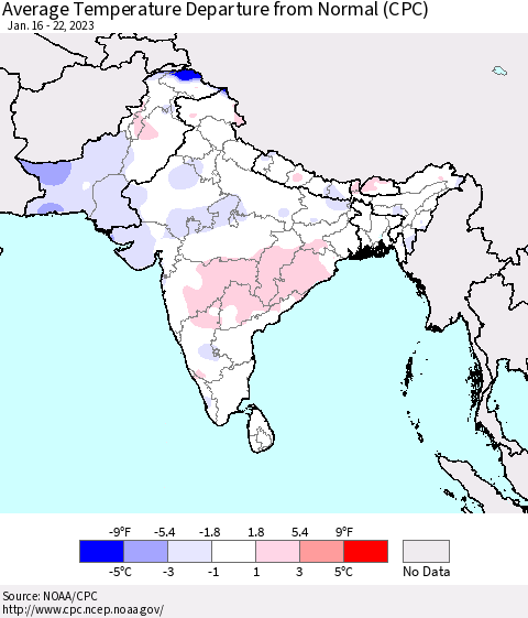 Southern Asia Average Temperature Departure from Normal (CPC) Thematic Map For 1/16/2023 - 1/22/2023
