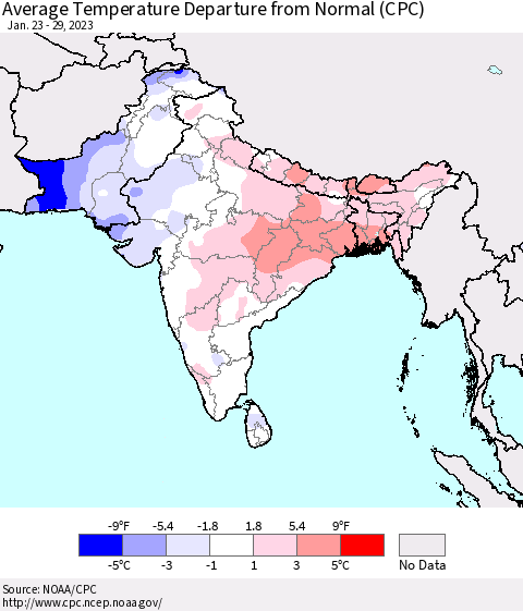 Southern Asia Average Temperature Departure from Normal (CPC) Thematic Map For 1/23/2023 - 1/29/2023