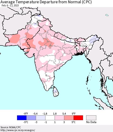 Southern Asia Average Temperature Departure from Normal (CPC) Thematic Map For 2/6/2023 - 2/12/2023