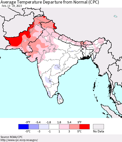 Southern Asia Average Temperature Departure from Normal (CPC) Thematic Map For 2/13/2023 - 2/19/2023