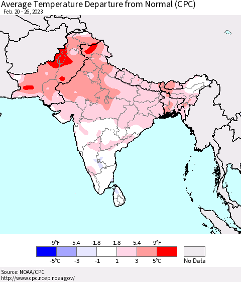 Southern Asia Average Temperature Departure from Normal (CPC) Thematic Map For 2/20/2023 - 2/26/2023