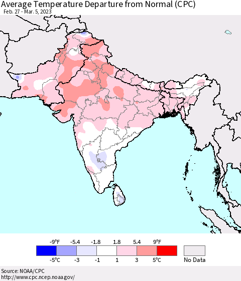 Southern Asia Average Temperature Departure from Normal (CPC) Thematic Map For 2/27/2023 - 3/5/2023