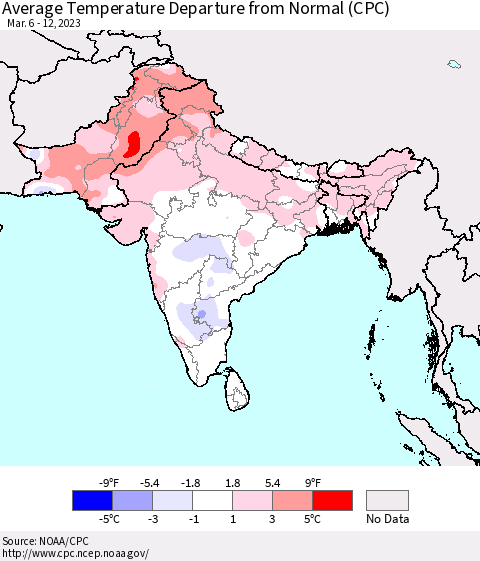 Southern Asia Average Temperature Departure from Normal (CPC) Thematic Map For 3/6/2023 - 3/12/2023