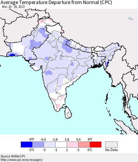 Southern Asia Average Temperature Departure from Normal (CPC) Thematic Map For 3/20/2023 - 3/26/2023