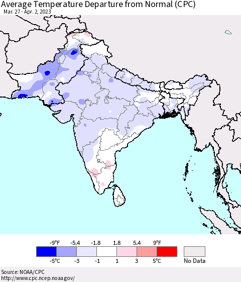Southern Asia Average Temperature Departure from Normal (CPC) Thematic Map For 3/27/2023 - 4/2/2023