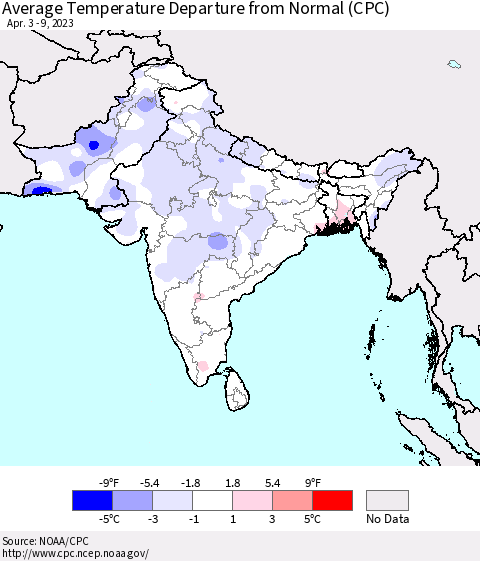 Southern Asia Average Temperature Departure from Normal (CPC) Thematic Map For 4/3/2023 - 4/9/2023